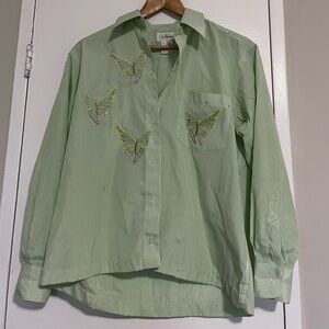 Green Striped button down Shirt with Butterfly Embroidery